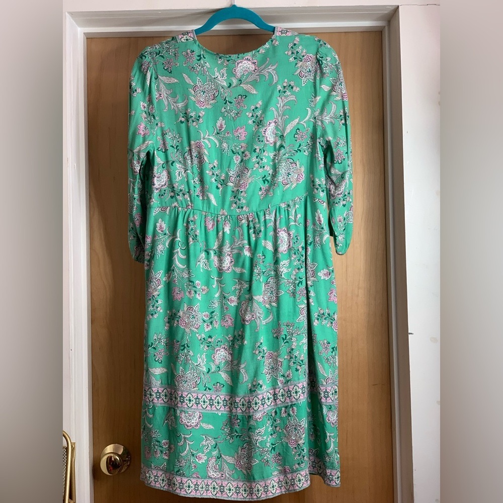 J.Jill Floral V-Neck Green Women’s Flounced Hem Dress. Size-Small. Boho - Picture 3 of 4